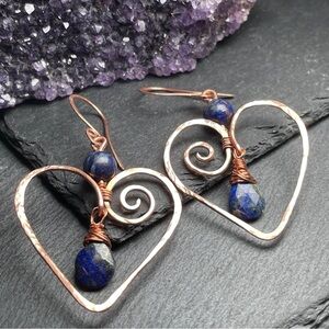 Blue Lapiz Lazuli Hammered Copper Heart Dangling Earrings Artisan Designed